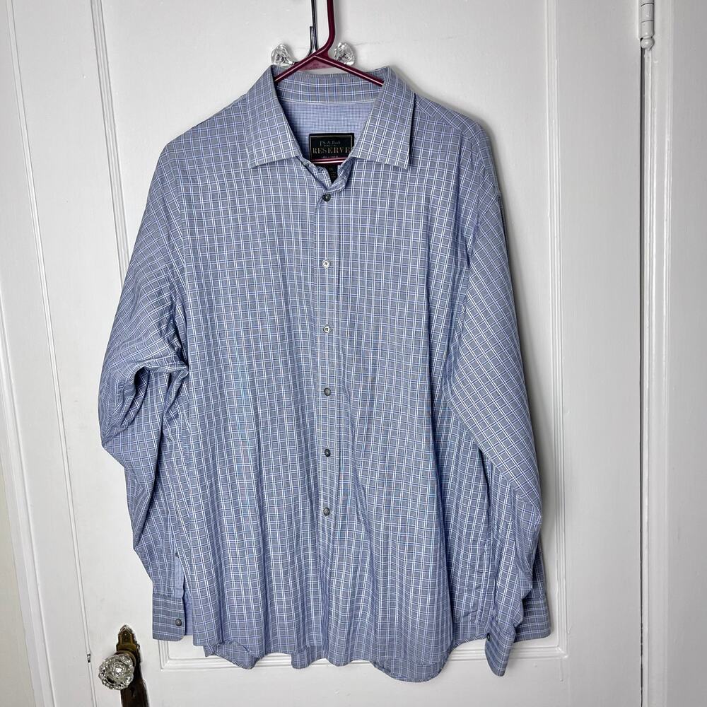 Jos A Bank Reserve Shirt Mens XL Cotton Silk Blue Plaid Old Money Preppy